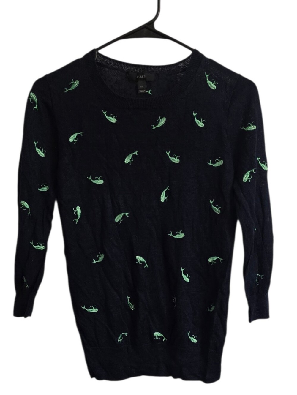 J.Crew Preppy Navy Blue Green Whale Print Coastal Grandma 100% Linen Sweater XS